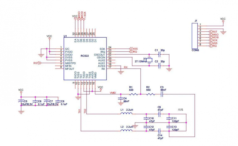 File:Geekcreit® RFID Reader Module RC522 Mini S50 13.56Mhz 6cm With Tags SPI Write & Read-schematic.png